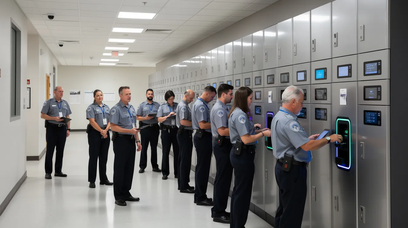 A group of security workers stands in a brightly lit facility hallway during a shift change, gathered around a row of smart lockers equipped with RFID technology for secure access control. These lockers utilize RFID tags and readers to ensure that only authorized users can access sensitive equipment, enhancing accountability and efficiency in day-to-day operations.