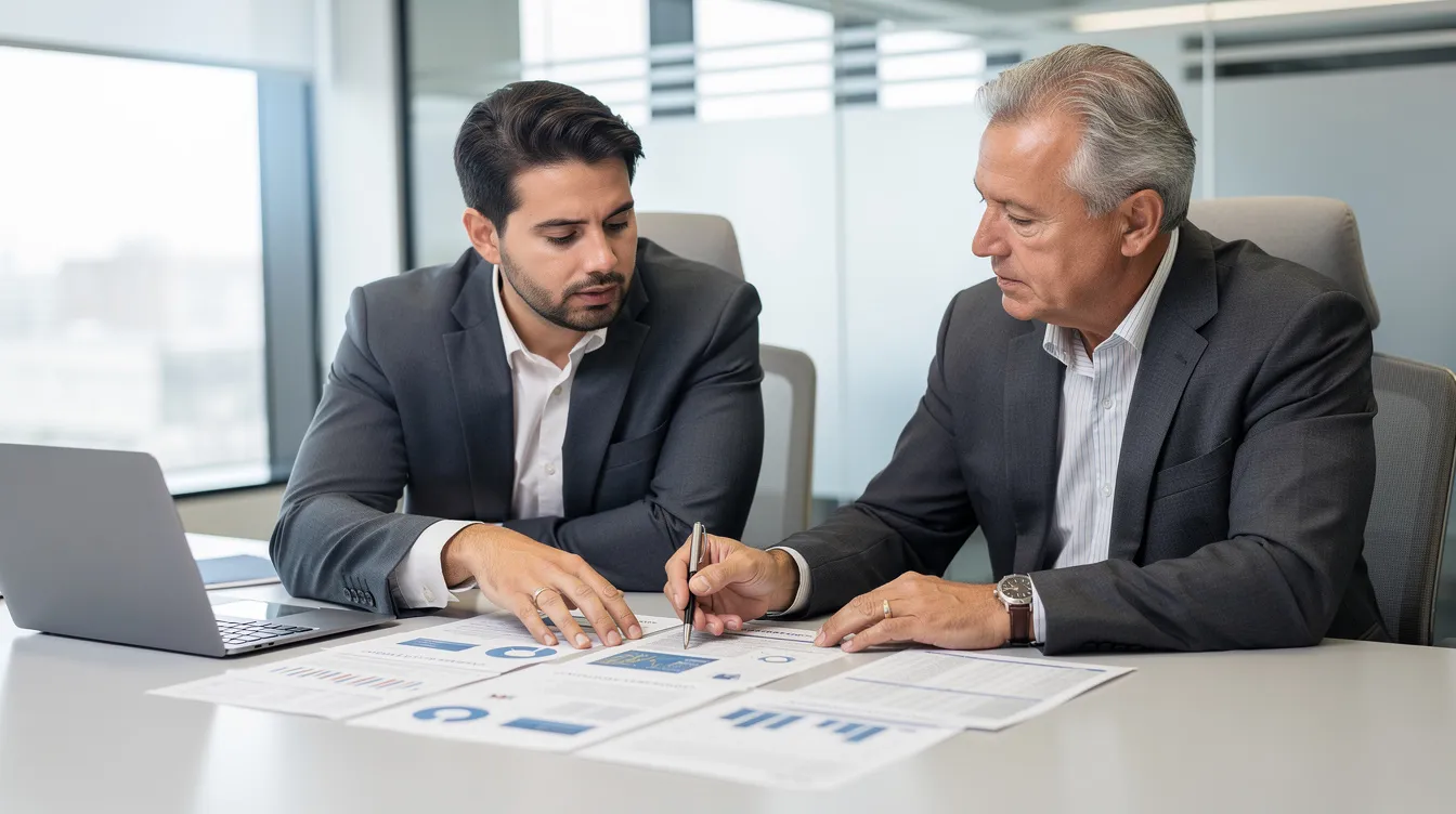 A financial advisor and client are seated at a conference table, reviewing retirement documents together. The scene reflects a collaborative approach to financial planning, emphasizing the importance of informed decisions for achieving financial goals and ensuring a secure financial future.