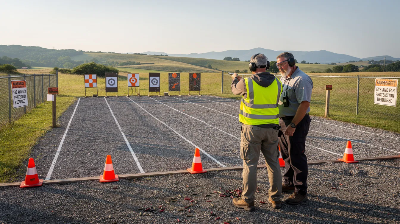 The image depicts a supervised outdoor target practice setting, where individuals are wearing safety gear while aiming at targets against a rural backdrop. This scene reflects the importance of adhering to New Hampshire gun laws and safety regulations during firearm training activities.