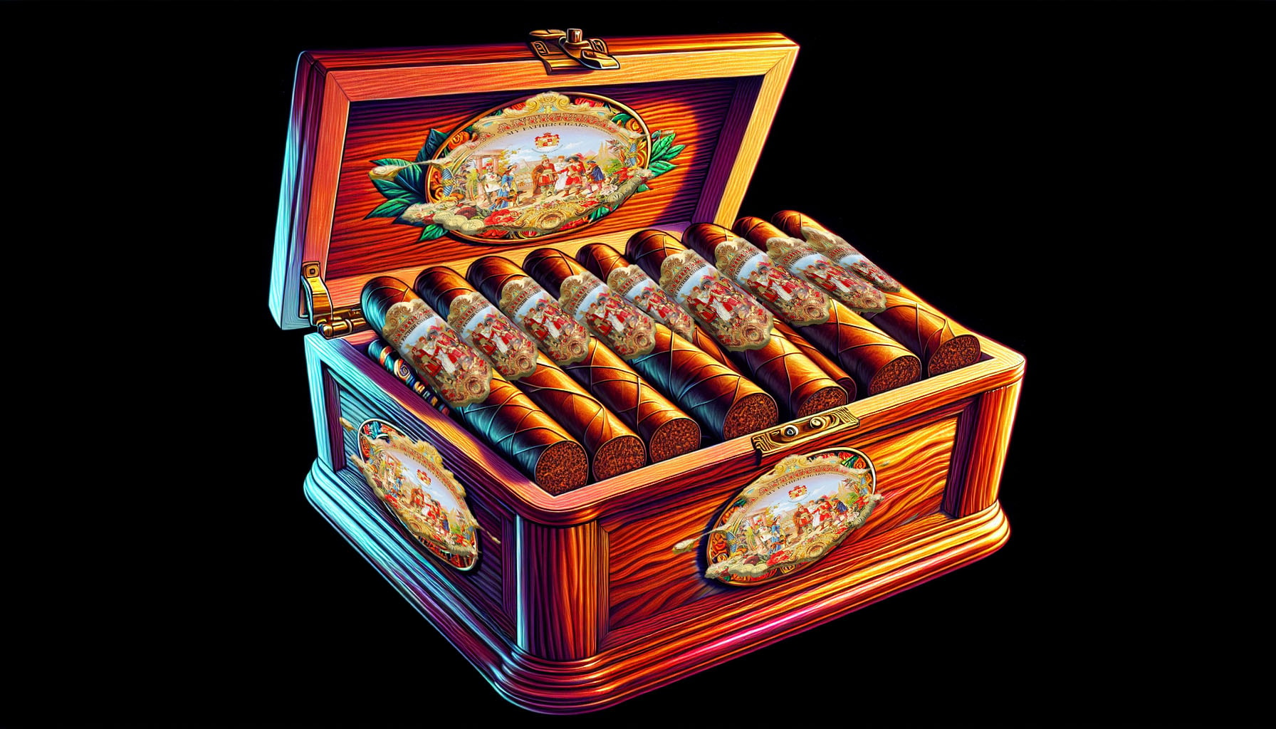 An illustration of various My Father La Antiguedad cigars displayed in a stylish humidor.