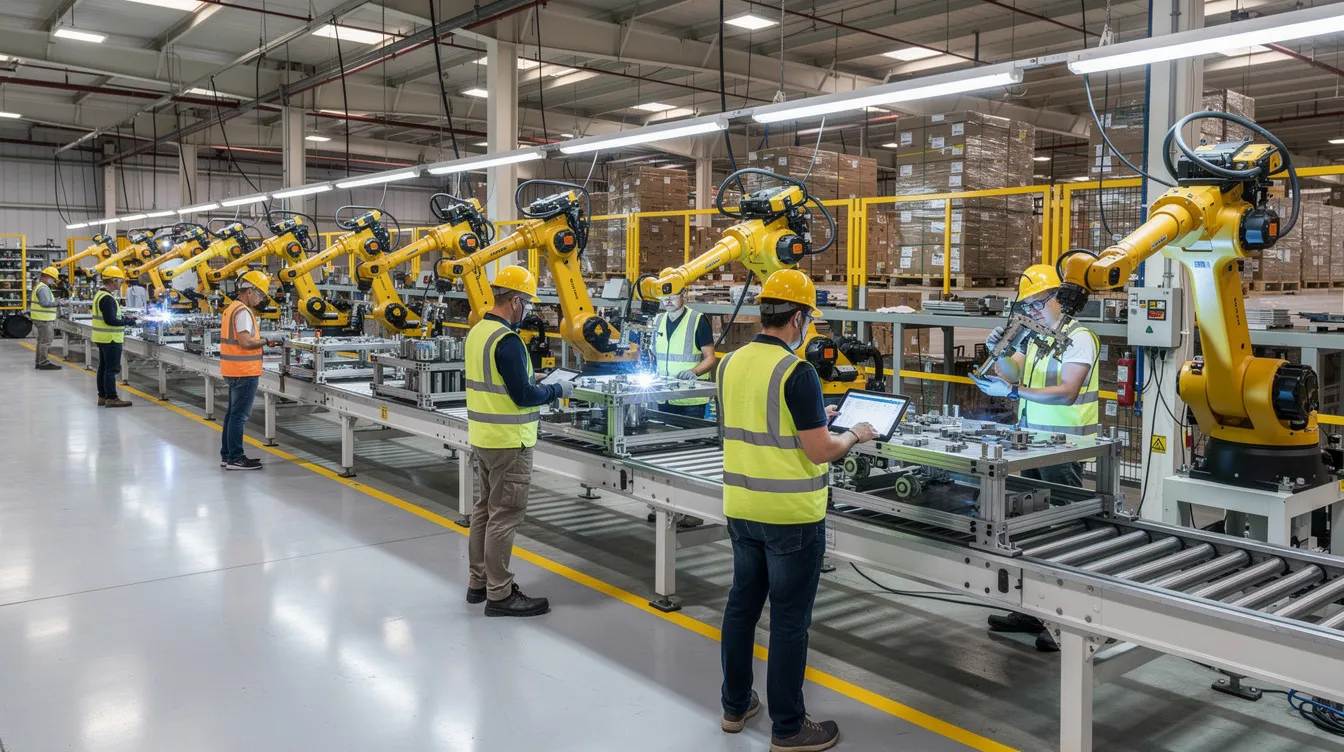 The image depicts a spacious factory floor where robotic arms, powered by artificial intelligence, are working in tandem with human workers who are wearing safety gear. This scene illustrates the collaboration between AI technology and human intelligence in automating repetitive tasks and enhancing operational efficiency in business operations.
