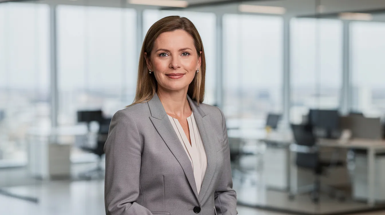 Een portret van een zakelijke vrouw in een moderne werkomgeving, met een zelfverzekerde uitstraling en een focus op haar carrière. De vrouw, die een autoriteit in de financiële markten lijkt te zijn, straalt kracht en professionaliteit uit, wat haar rol als alleenstaande moeder en investeerder benadrukt.