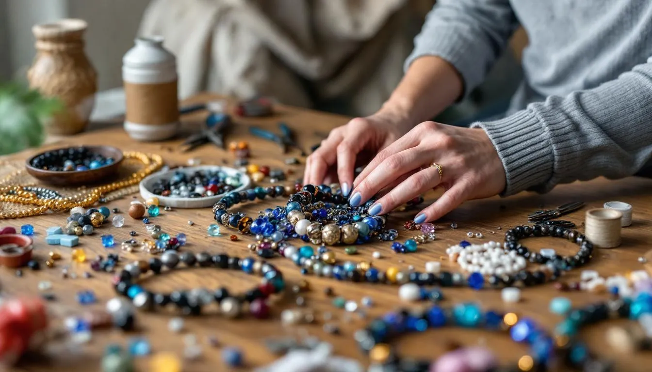 The image showcases a variety of beautifully crafted beaded bracelets in an array of vibrant colors, including pink, blue, and green, alongside sterling silver and gold-plated options. These unique pieces are designed to complement any outfit and can be layered for a stylish look or given as personalized gifts for special occasions.