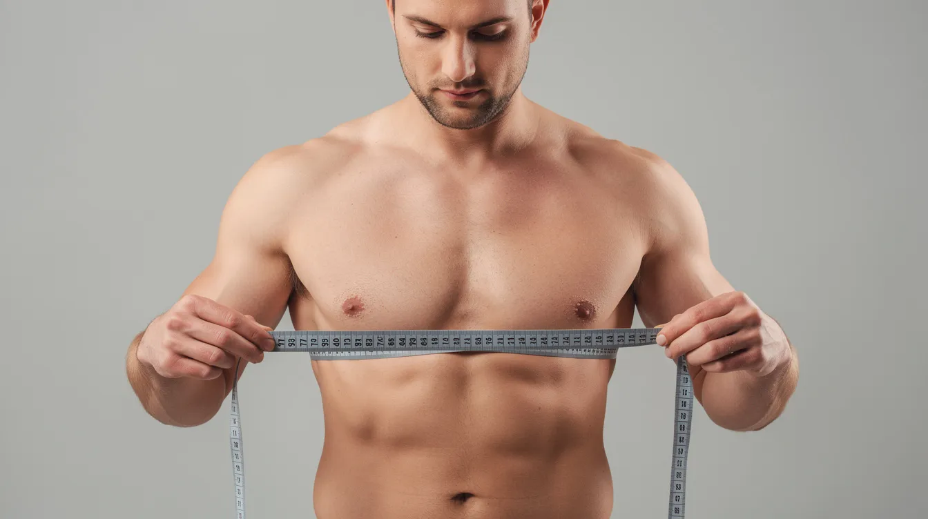 A man is measuring his chest with a fabric tape in front of a neutral background, focusing on achieving the right fit for a chest compression shirt that provides targeted support and comfort. This image highlights the importance of proper sizing for clothing designed to hide gynecomastia and create a smoother silhouette.