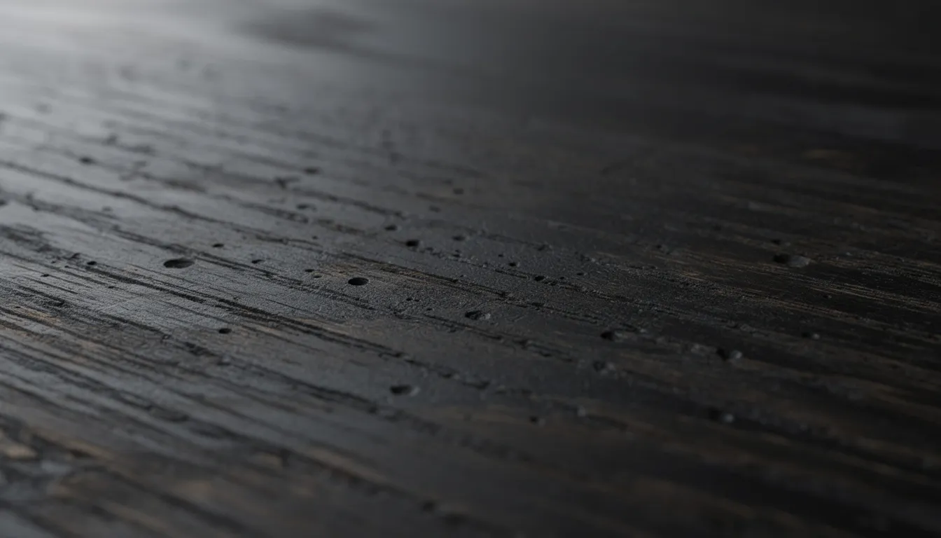 Een close-up van een zwart eiken houten wandpaneel toont de rijke nerf en matte afwerking, wat bijdraagt aan een stijlvolle en elegante uitstraling. Dit massieve hout zorgt niet alleen voor een natuurlijke schoonheid, maar biedt ook akoestisch comfort in de ruimte.