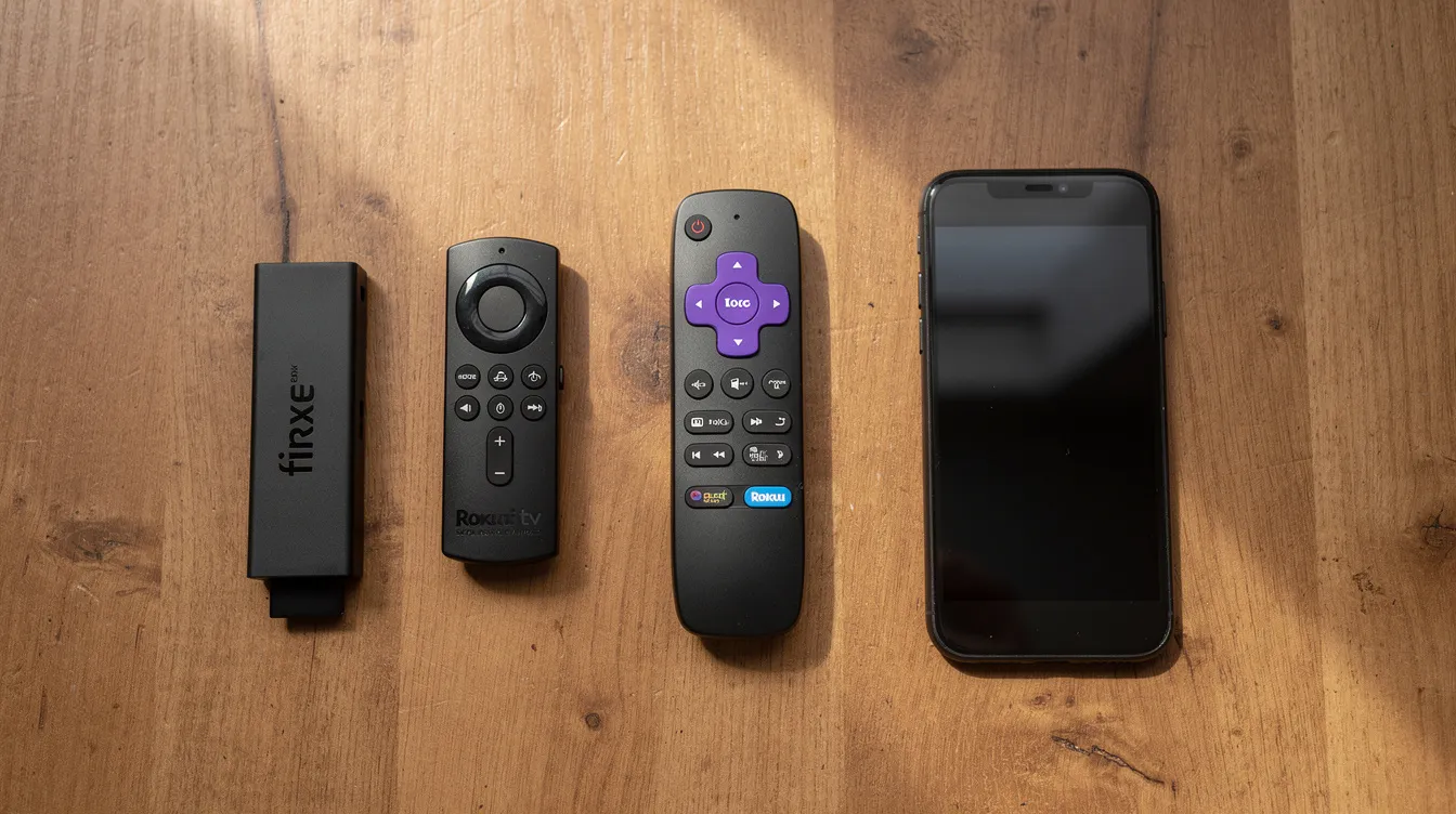 The image features various popular streaming devices, including a Fire TV Stick, a Roku remote, and a smartphone, all neatly arranged on a wooden table. These devices are essential for accessing IPTV services, allowing users to watch live TV channels and premium content with reliable streaming quality.
