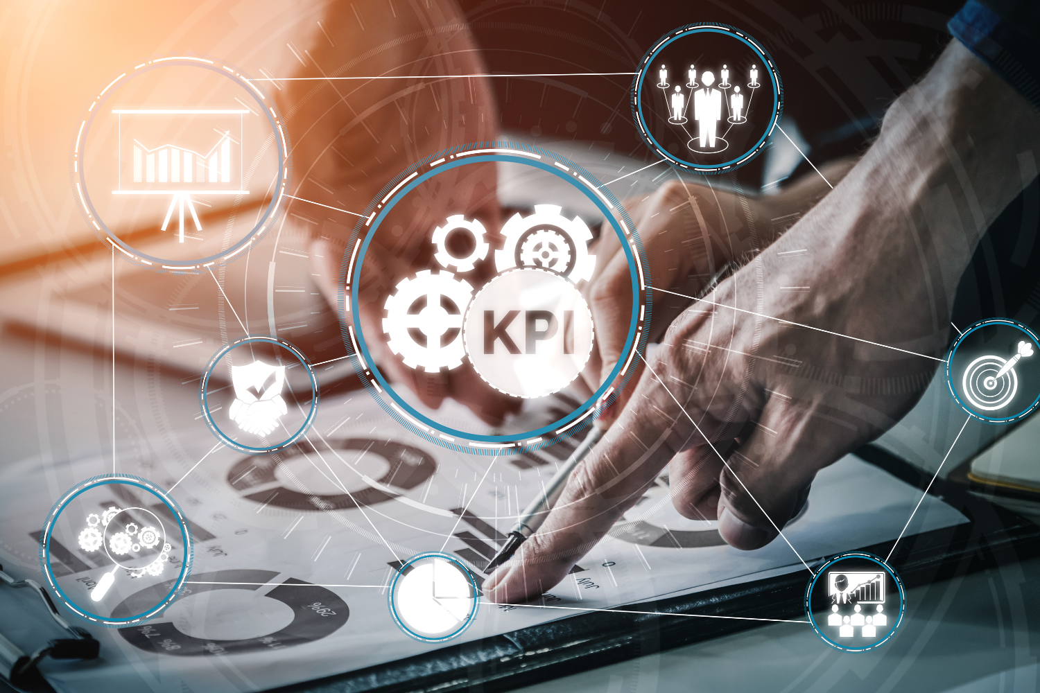 A group of professionals with digital illustration of KPI.