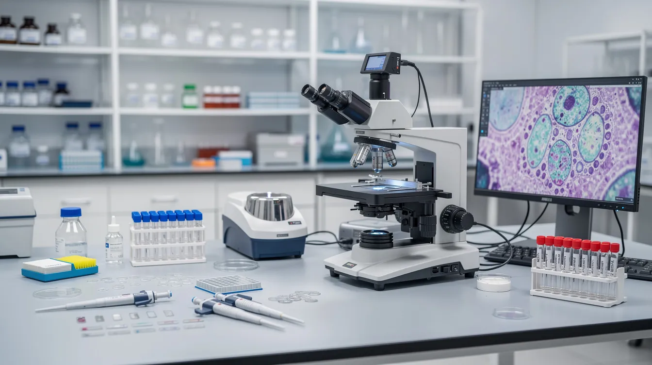 The image depicts a laboratory microscopy setup, featuring advanced equipment for sample preparation, essential for assessing autophagy in various cell types, including cancer cells and healthy cells. This setup is crucial for researchers studying the autophagy pathway, monitoring cellular health, and investigating the effects of dietary interventions like intermittent fasting and ketogenic diets on autophagy induction.