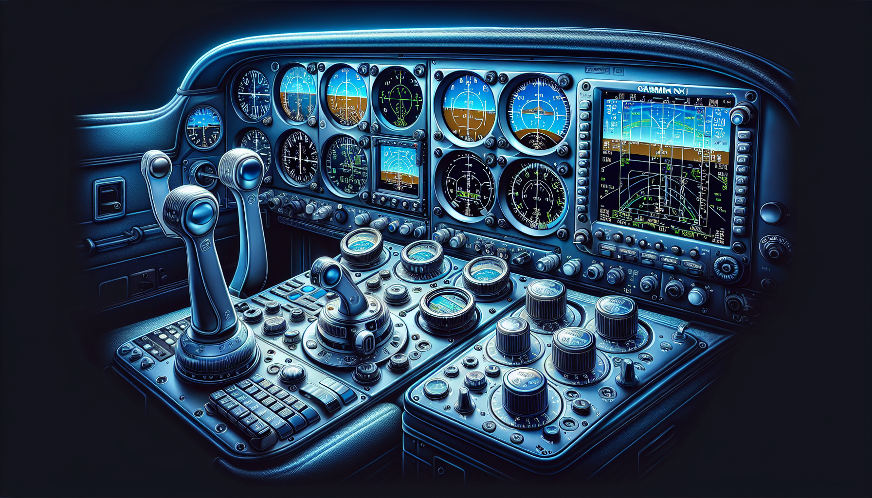 Illustration of Cessna 172 cockpit with advanced Garmin G1000 NXi avionics