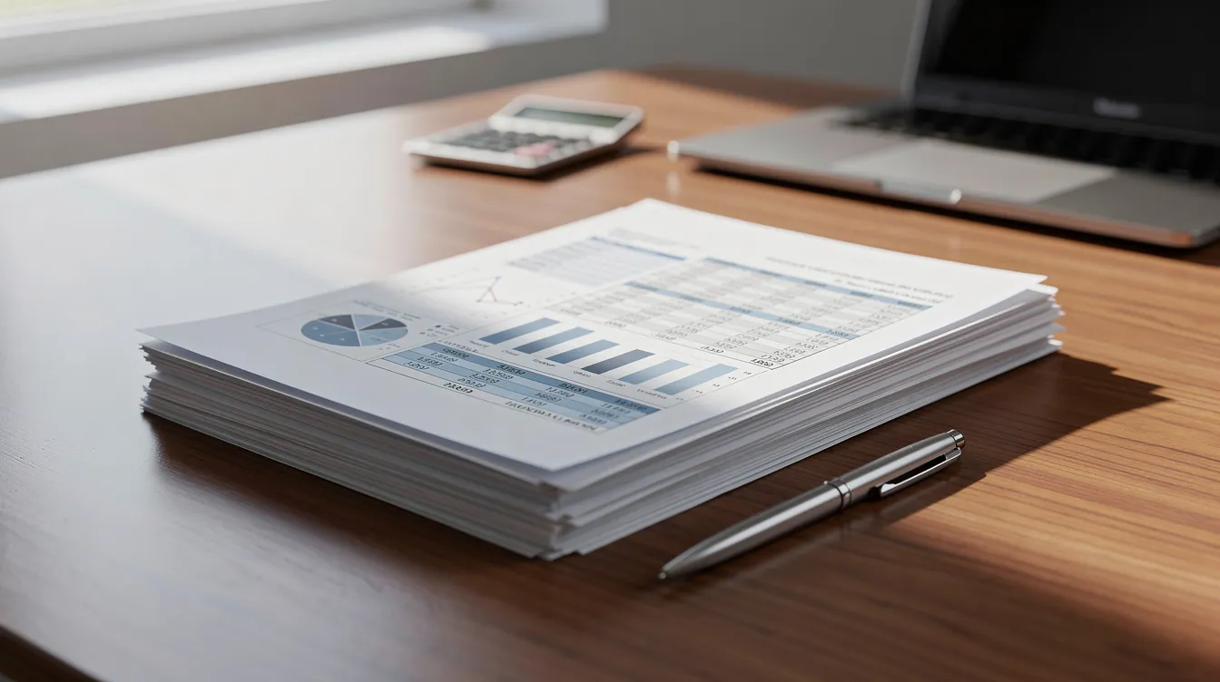 25bf5591 b1fa 4f4c a728 423408a80cae The image shows a neatly organized stack of business documents and financial statements placed on a wooden desk, reflecting a structured approach to preparing a detailed project report for a mudra loan application. The documents include essential elements such as financial projections, market analysis, and a business overview, crucial for small enterprises seeking financial inclusion.