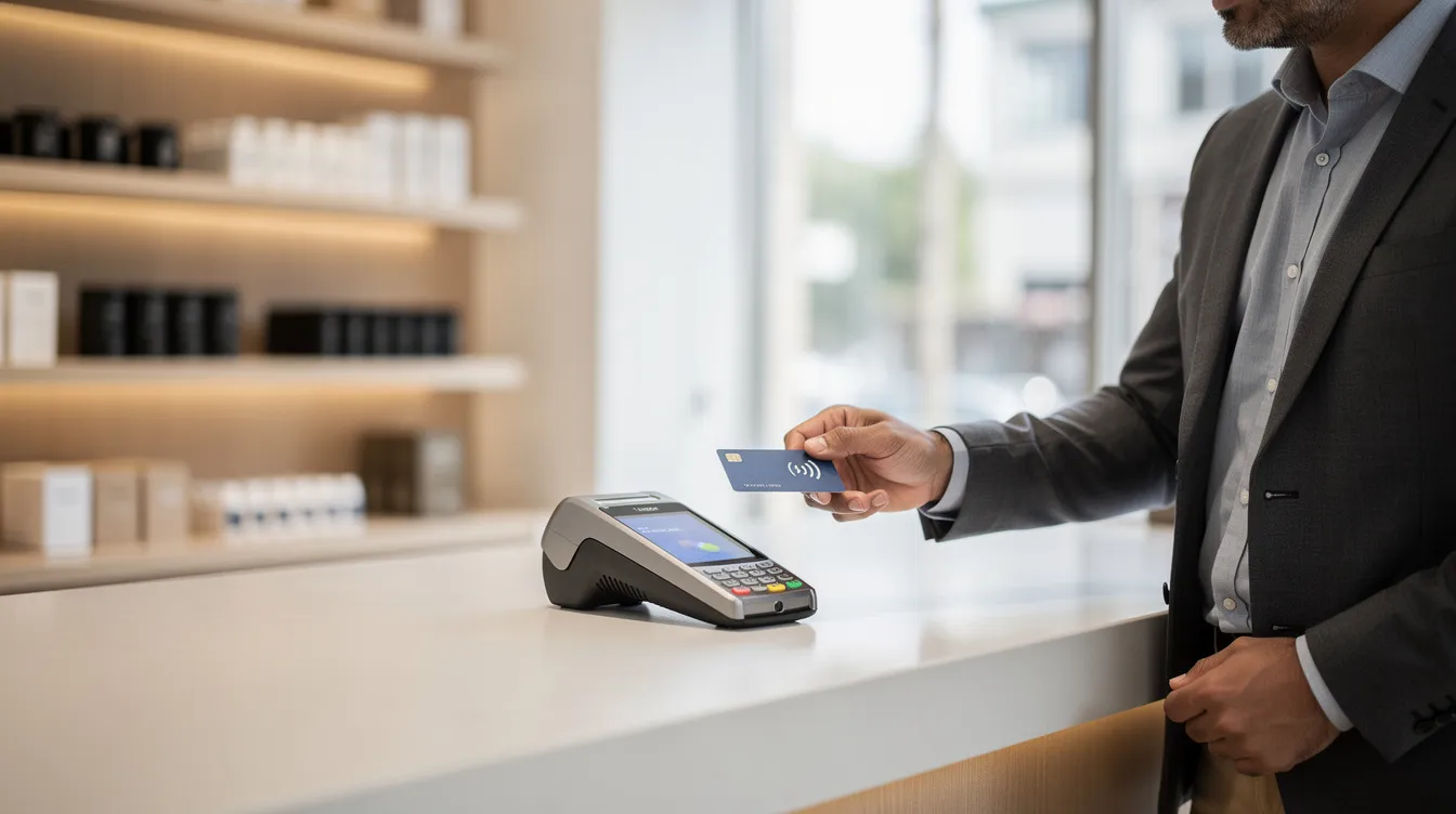 A business owner is using a credit card to make a payment by tapping it on a sleek, modern countertop card reader at a retail store, illustrating the convenience of accepting credit card payments. This scene highlights the importance of understanding credit card processing fees and the various costs associated with credit card transactions for small businesses.