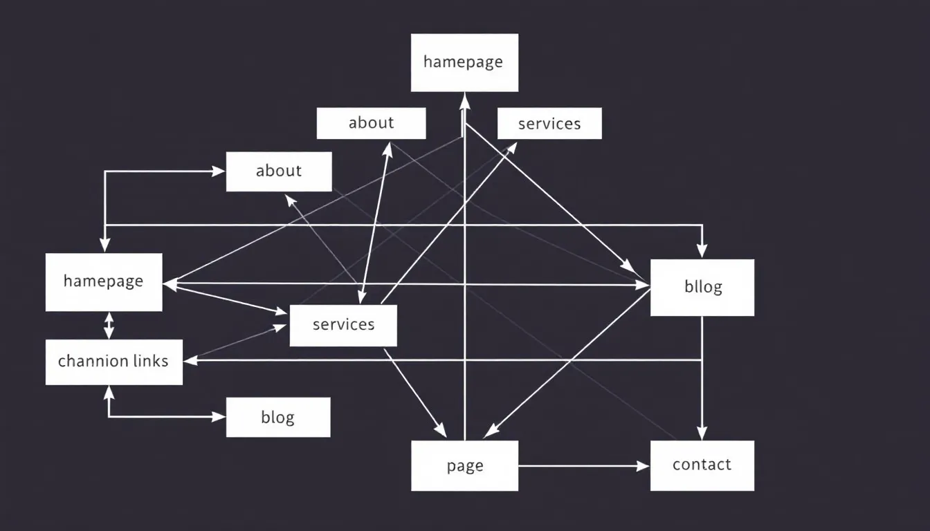 The image depicts a network diagram illustrating a website's internal linking structure, with interconnected web pages showcasing authority flow. This visual representation helps website owners understand their site's SEO performance and identify potential optimization areas to improve search engine rankings.