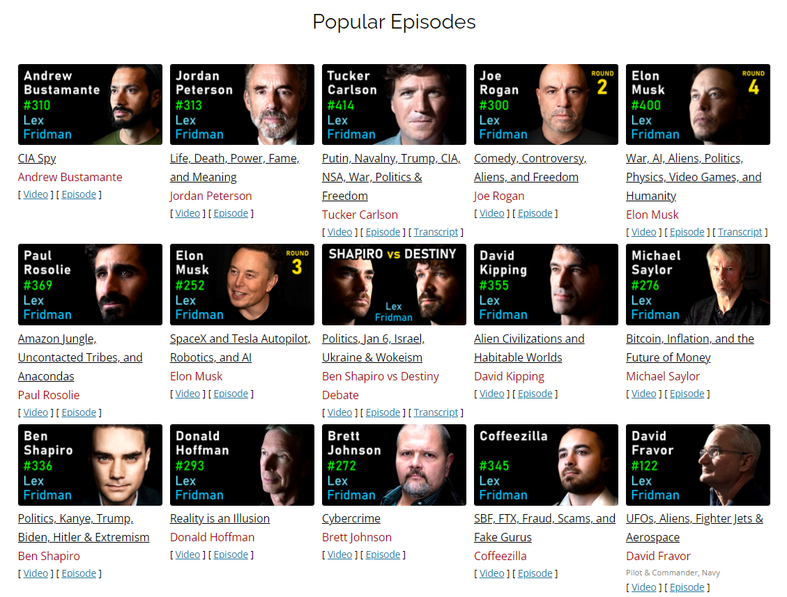 Popular episodes of the Lex Fridman podcast