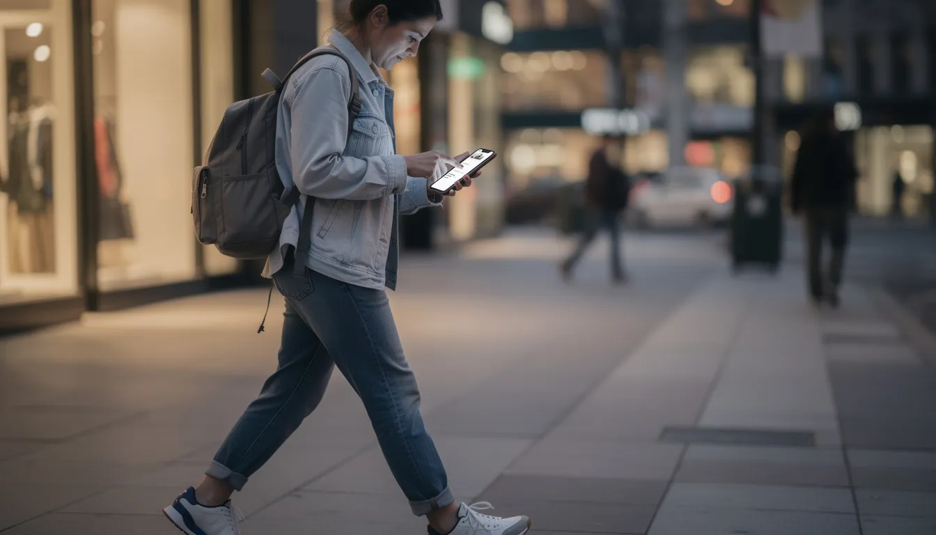 A person is walking while scrolling through a website on their smartphone, showcasing the importance of mobile responsiveness in today's digital presence. This scene highlights how users expect a seamless user journey on their own website, especially when accessing it through mobile devices.