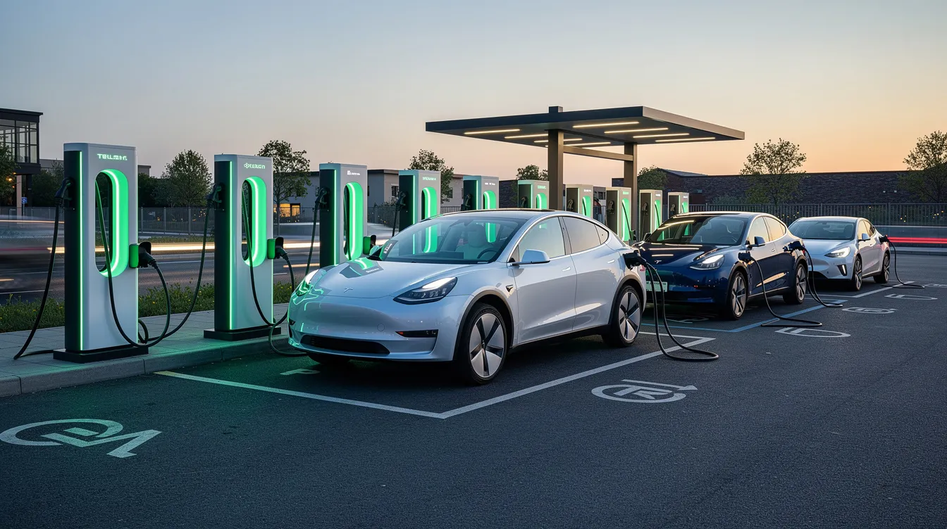 The image shows a row of electric vehicle DC fast chargers at a public charging station, with several electric vehicles plugged in and charging. This infrastructure is essential for the growth of electric vehicle adoption and highlights the need for trained professionals, such as EVITP certified electricians, to ensure safe and efficient installation and maintenance of electric vehicle supply equipment.
