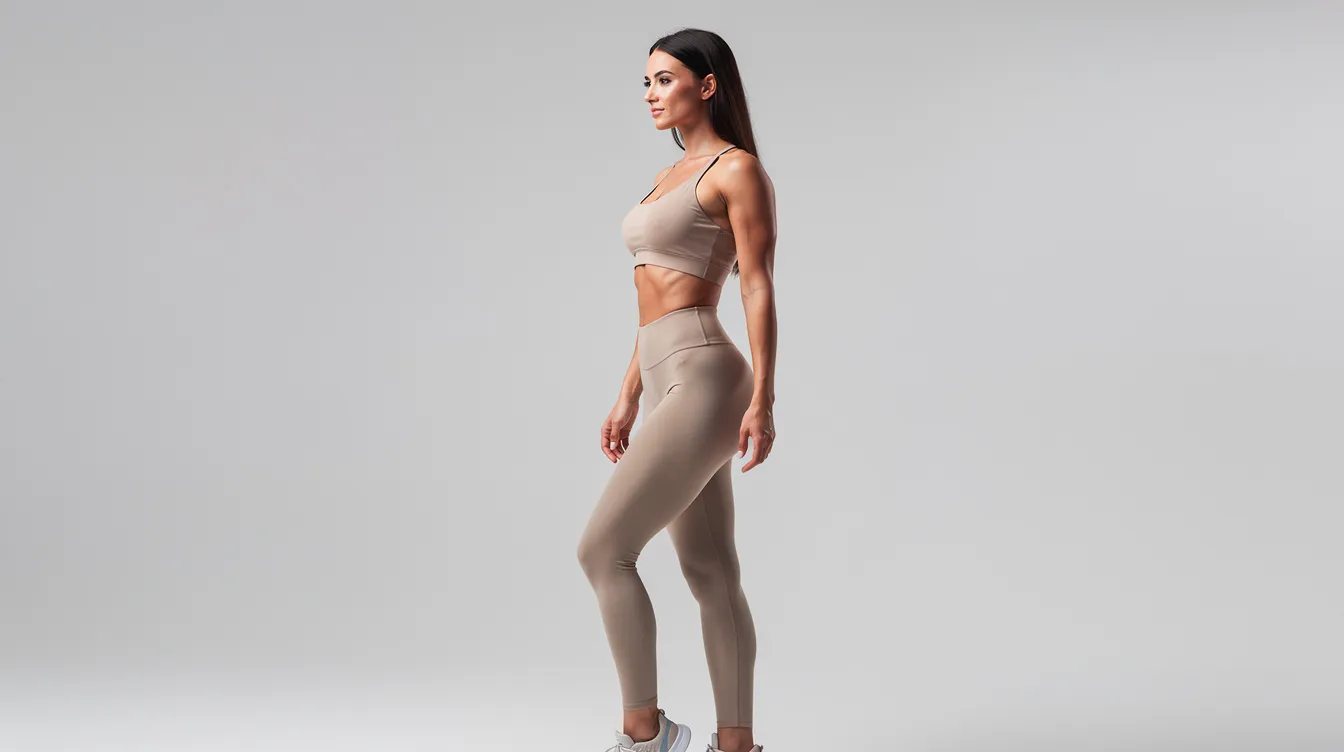 The image features a woman in athletic wear standing sideways, showcasing her natural curved body silhouette. Her pose highlights the contours of her buttocks, emphasizing a fit appearance that reflects the desired results of non-surgical butt lifts and body augmentation.