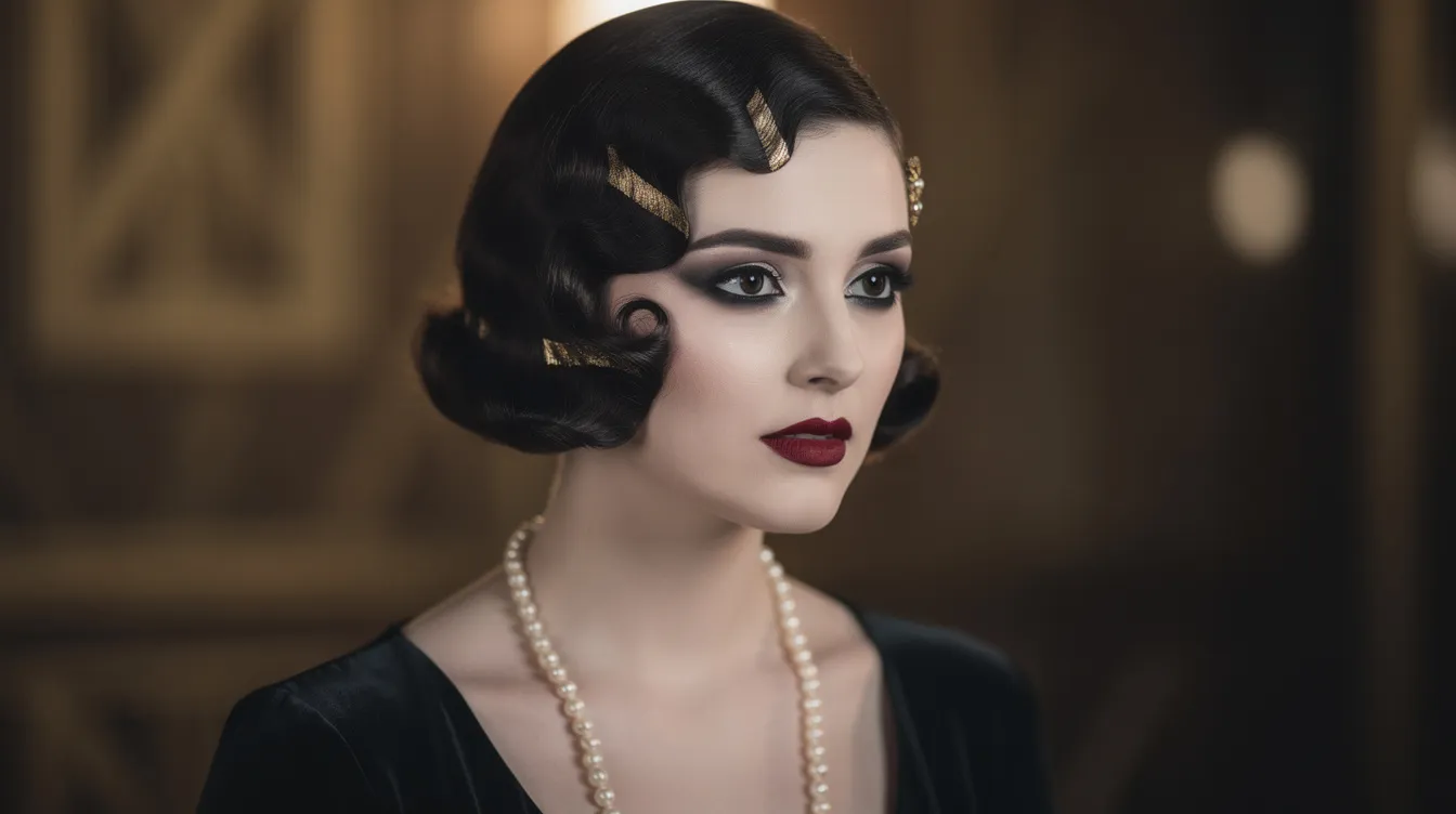 Eine Frau mit einem eleganten dunklen Bobschnitt und geschmackvollen Fingerwellen präsentiert sich mit dunkelroten Lippen und Smokey Eyes, inspiriert vom Stil der 20er Jahre. Ihr Outfit spiegelt die glamouröse Mode dieser Epoche wider und ist perfekt für Damen, die das Thema der 1920er Jahre lieben.