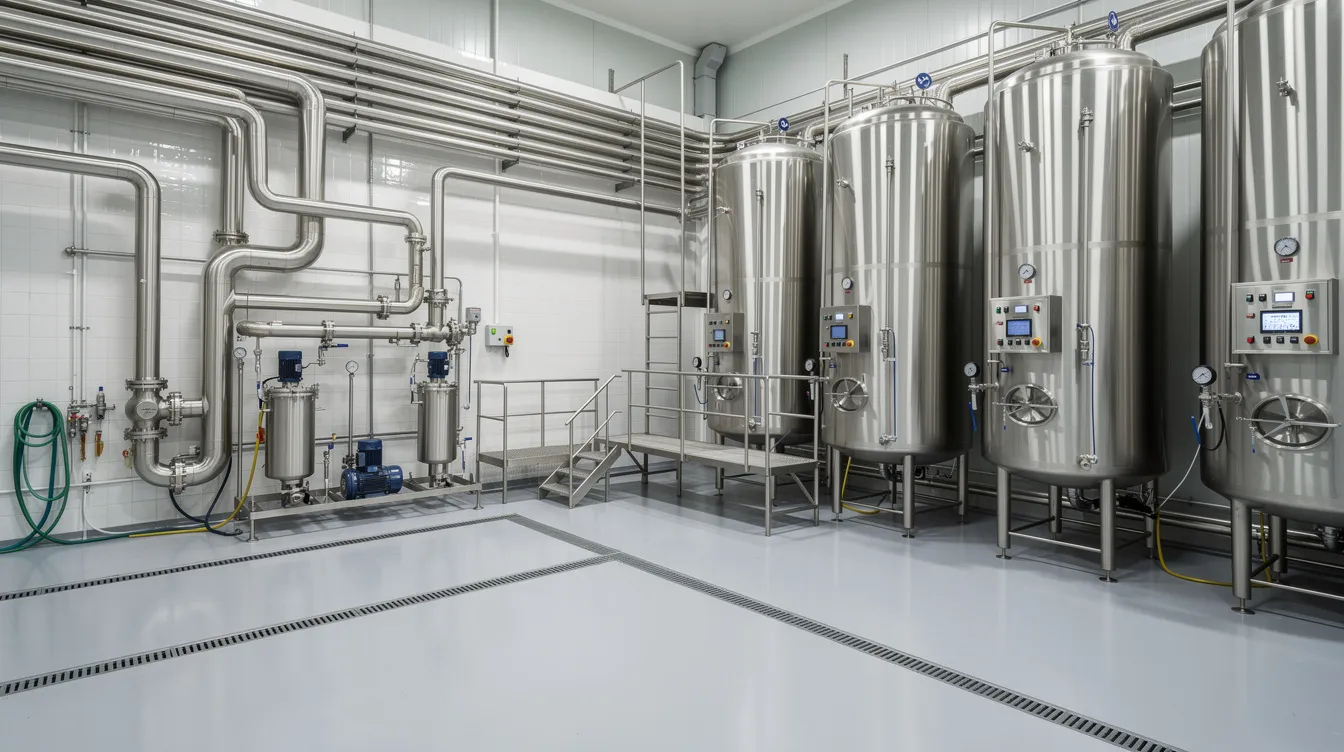 The image showcases the interior of a modern dairy processing plant, featuring large stainless steel tanks and intricate piping systems, essential for the ghee manufacturing process. This facility highlights the advanced infrastructure used in the production of clarified butter, ensuring high standards of quality and efficiency in the food processing industry.