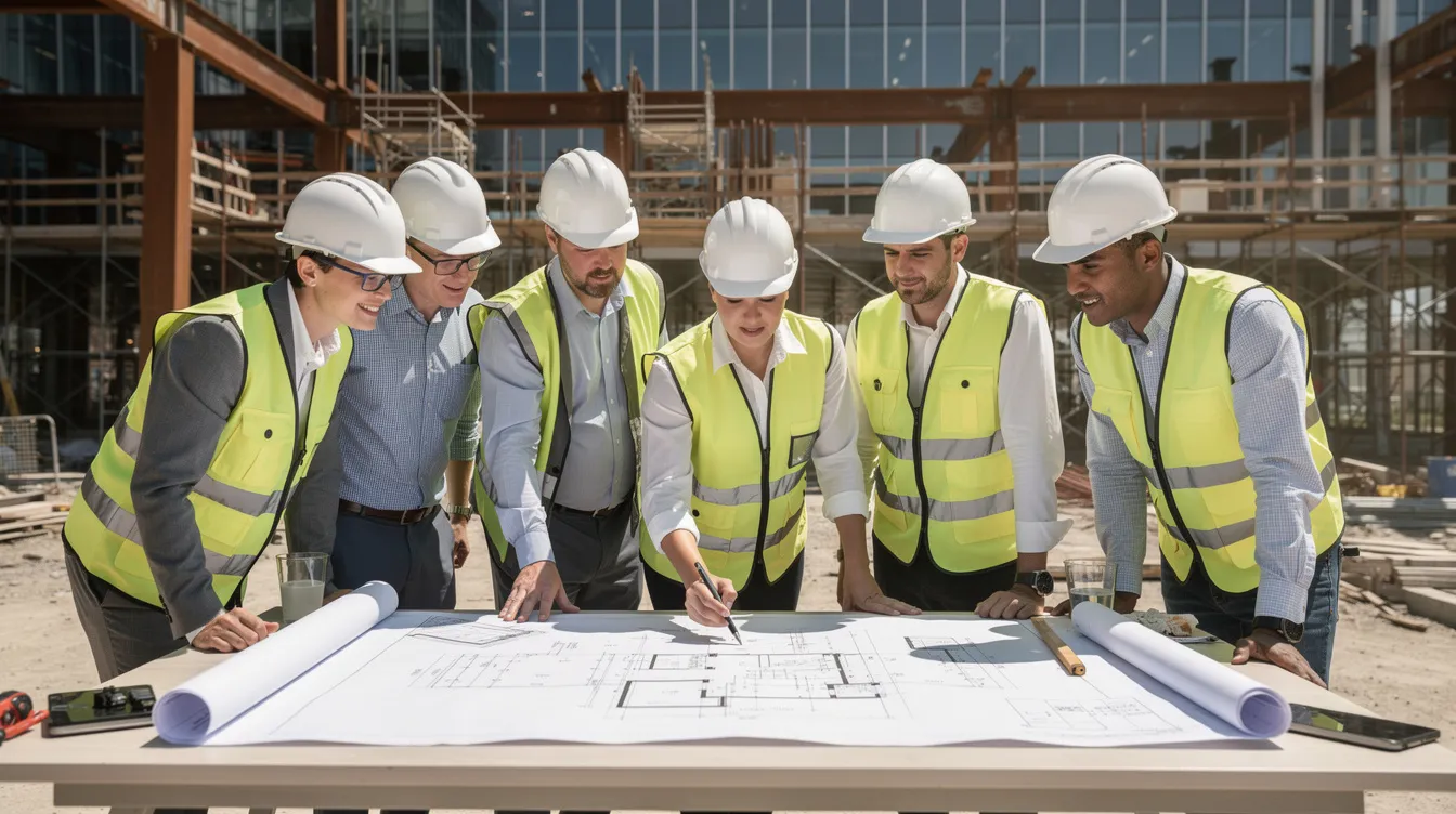 A group of construction industry professionals, all wearing hard hats, are gathered around a set of architectural plans on a modern commercial jobsite, discussing details related to their ongoing construction projects. This scene highlights the collaborative efforts essential for successful construction company branding and client communication in a competitive market.