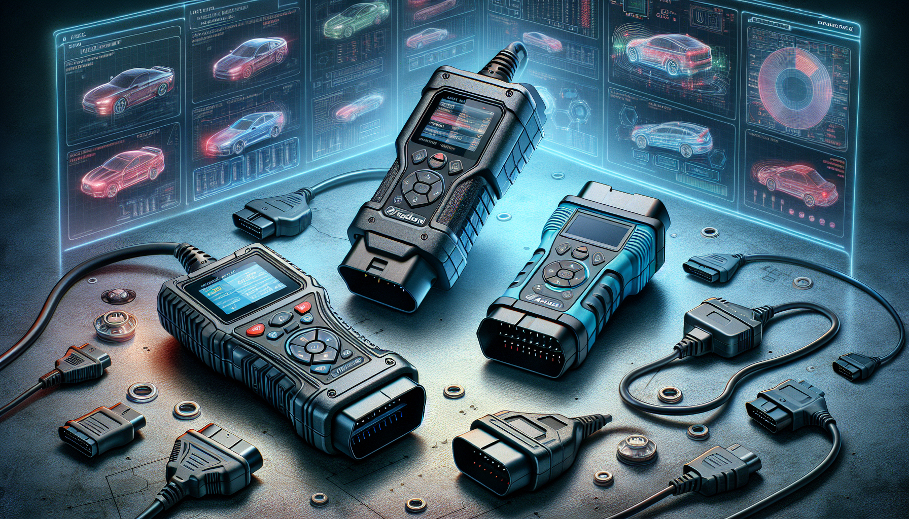 Illustration of Topdon TopScan, Autel MaxiCOM MK808, and Ancel X7HD OBD scanners