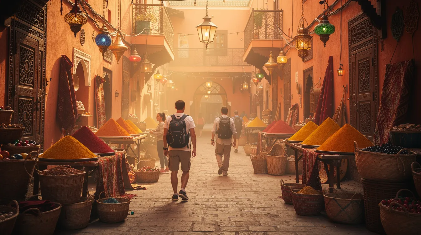 Travelers stroll through a warm-toned alley in the Marrakech medina, surrounded by traditional architecture, vibrant lanterns, and aromatic spices, capturing the essence of this UNESCO World Heritage site. The scene reflects the rich culture and history of Morocco, inviting visitors to explore its fascinating insights and vibrant atmosphere.