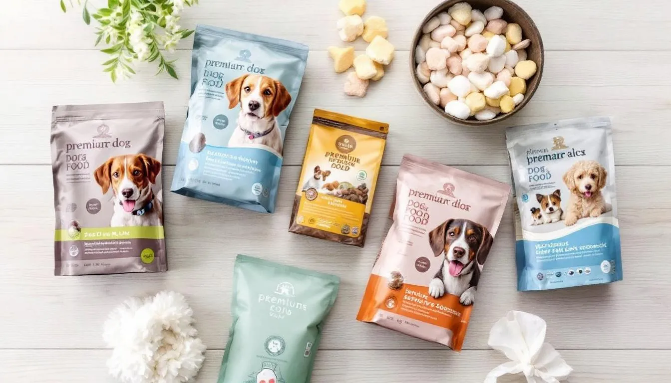 In the image, various premium dog food packages are neatly arranged, showcasing different brands specifically formulated for dogs with sensitive stomachs. The packages emphasize ingredients that support healthy digestion and gut health, making them suitable for dogs experiencing digestive issues or food sensitivities.