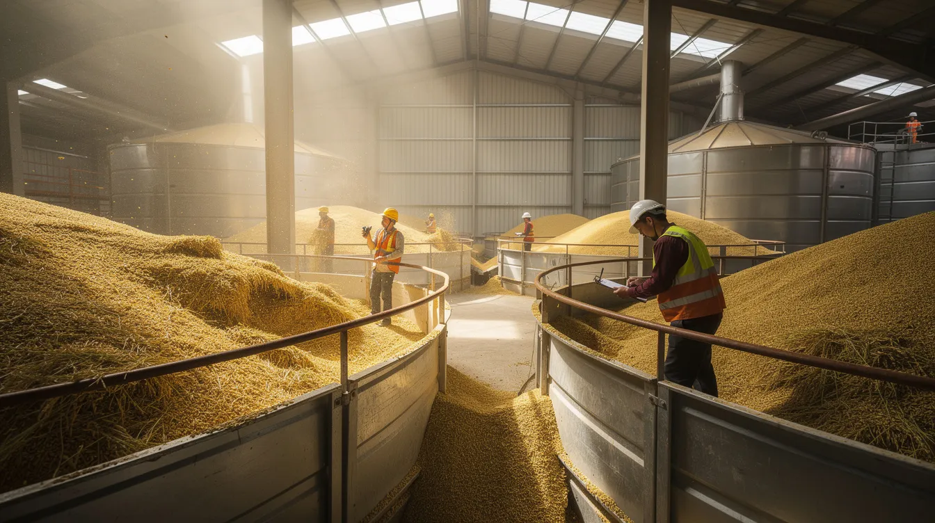 25cc470a 1dee 4fe9 a00a d14f5cf67aef In a large storage warehouse, workers are inspecting golden paddy grain stored in bins, highlighting the importance of quality control in the rice mill business. This scene reflects the critical role of raw material procurement and storage in ensuring high output quality for rice milling operations.