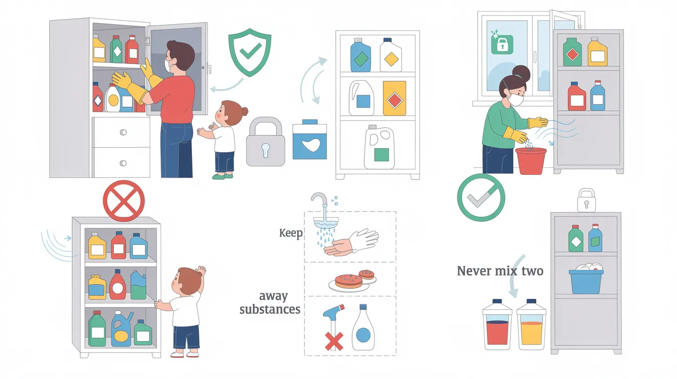 Image showcasing the safe handling of potentially poisonous substances, including household cleaners.