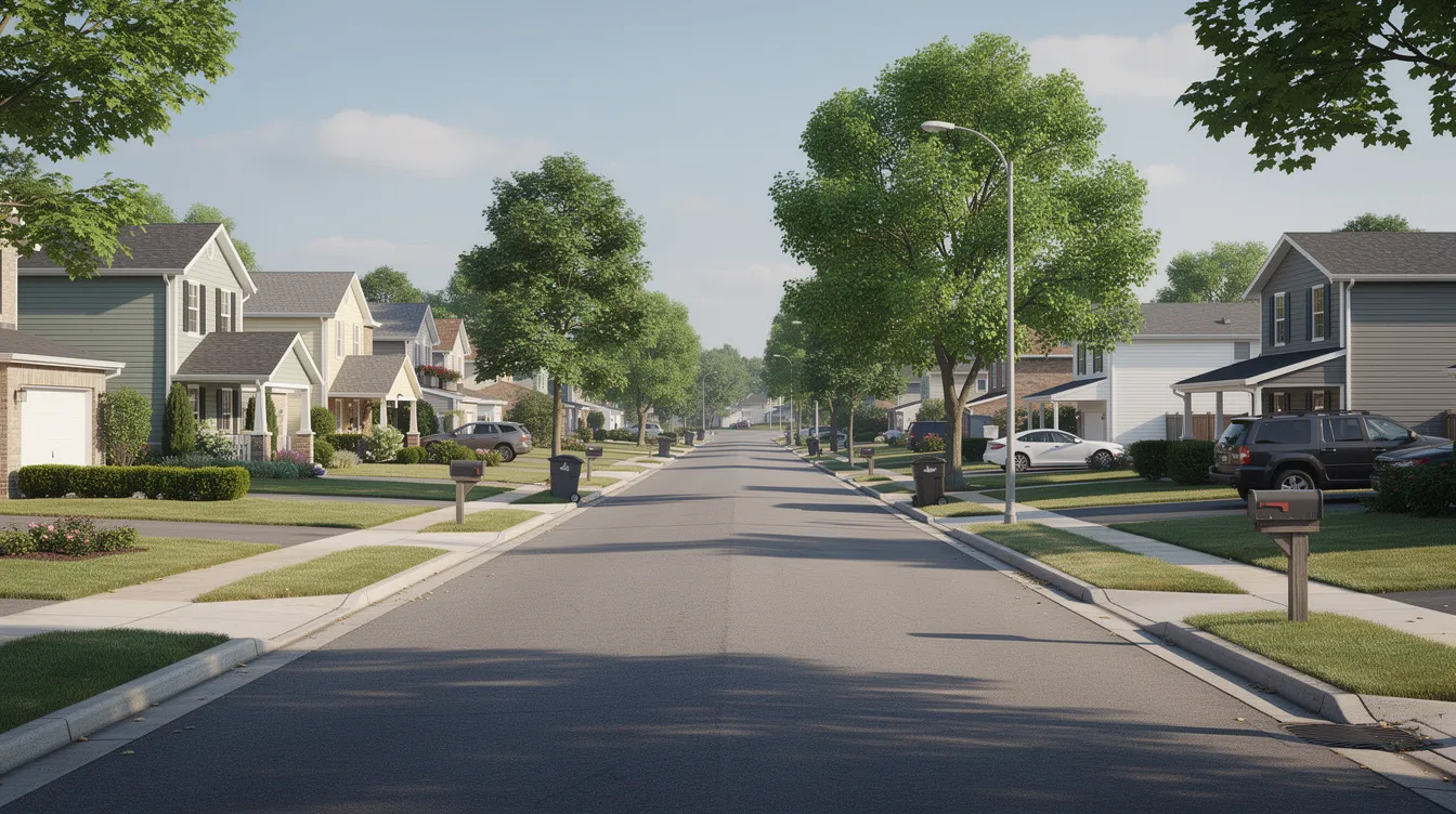 The image depicts a peaceful residential neighborhood street lined with houses and a wide roadway, ideal for auto transport services. This inviting scene in Denver, Colorado, showcases a typical suburban setting where families reside, highlighting the importance of reliable car shipping companies for local residents.