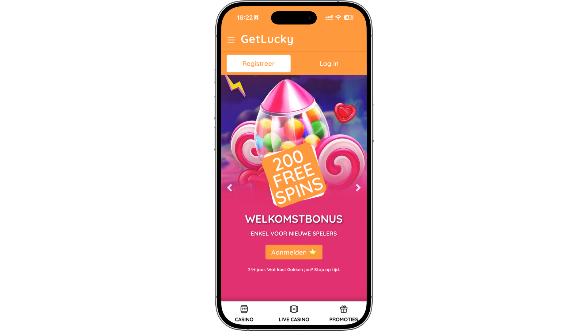 Mobiele weergave van GetLucky Casino met een welkomstbonus van 200 free spins voor nieuwe spelers, inclusief registratieknop en navigatie naar casino, live casino en promoties.