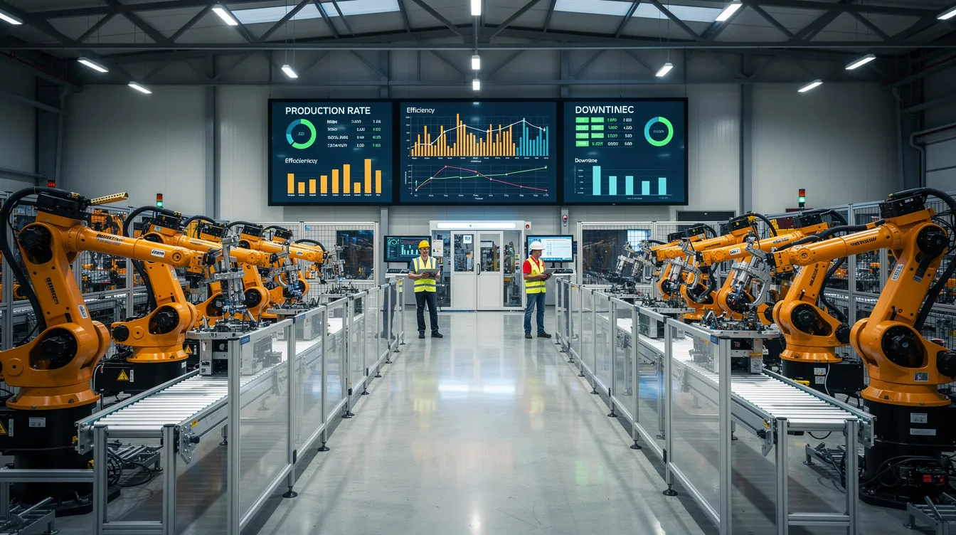 The image depicts a factory floor bustling with robotic arms engaged in various tasks, while digital dashboards display real-time production metrics and data analysis. The environment showcases a connected system where processes are streamlined to maintain quality and efficiency, with vibrant colors highlighting different areas of operation.