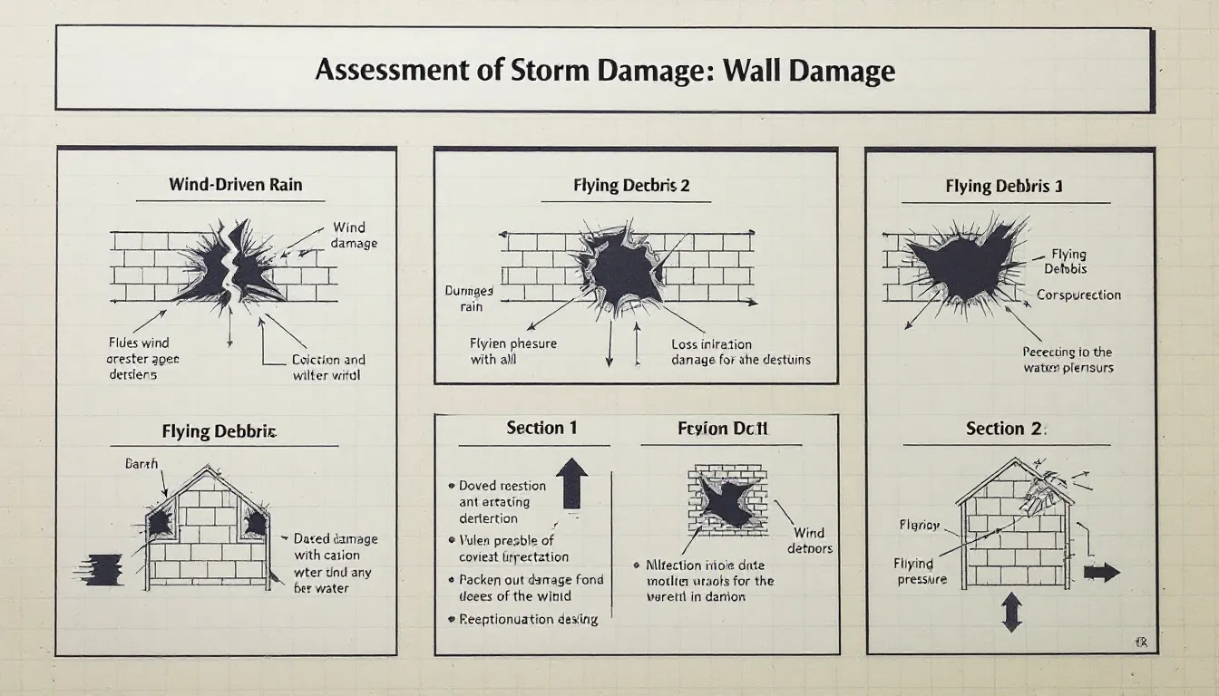 An image depicting the assessment of structural damage after a storm, focusing on a damaged wall.