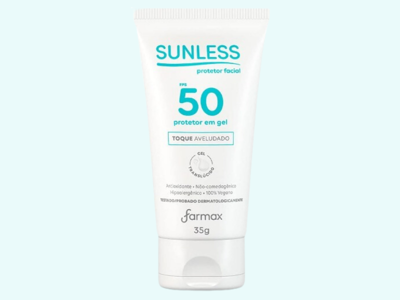 Protetor solar Sunless gel translúcido para todo tipo de pele. Imagem: www.amazon.com.br.