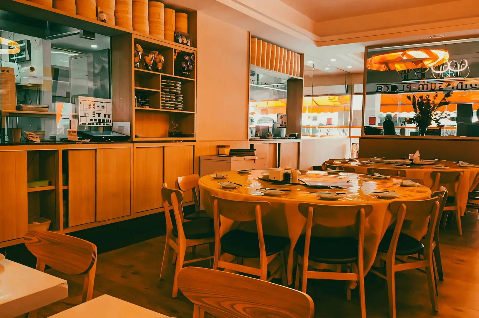 Wide-angle shot of a halal restaurant dining room with large round table seating, wooden interiors, warm lighting, and a communal dining setup for groups.