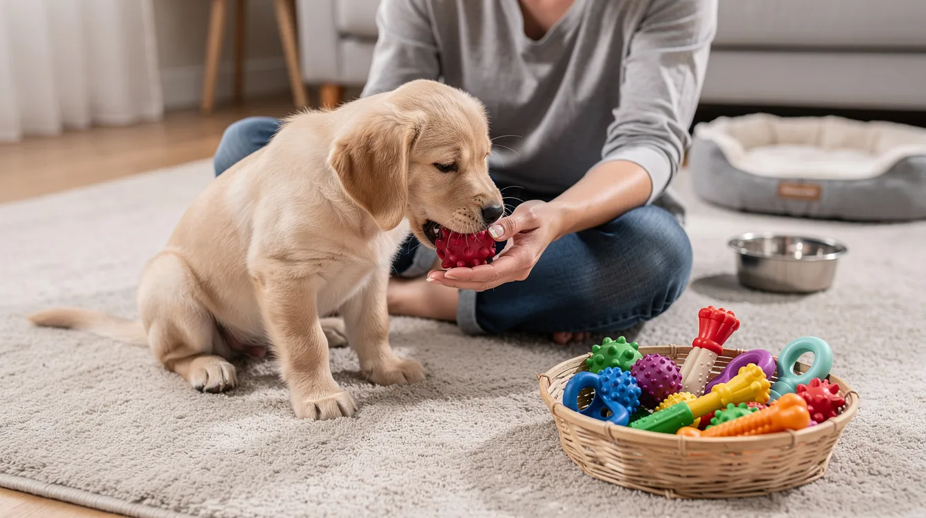 The image depicts a teething puppy surrounded by various chew toys, showcasing the natural process of puppy teething stages as it experiences sore gums and increased chewing behavior. The puppy's tiny teeth are visible, emphasizing the transition from baby teeth to adult teeth during this important developmental phase.