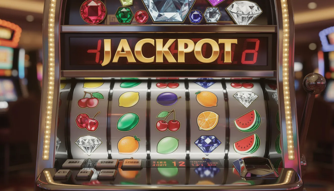 The image features vibrant slot machine reels adorned with various fruit and gem symbols, alongside a prominent jackpot display, showcasing the excitement of online casino games. This colorful representation highlights the allure of progressive jackpot slots, enticing players in the gambling industry.