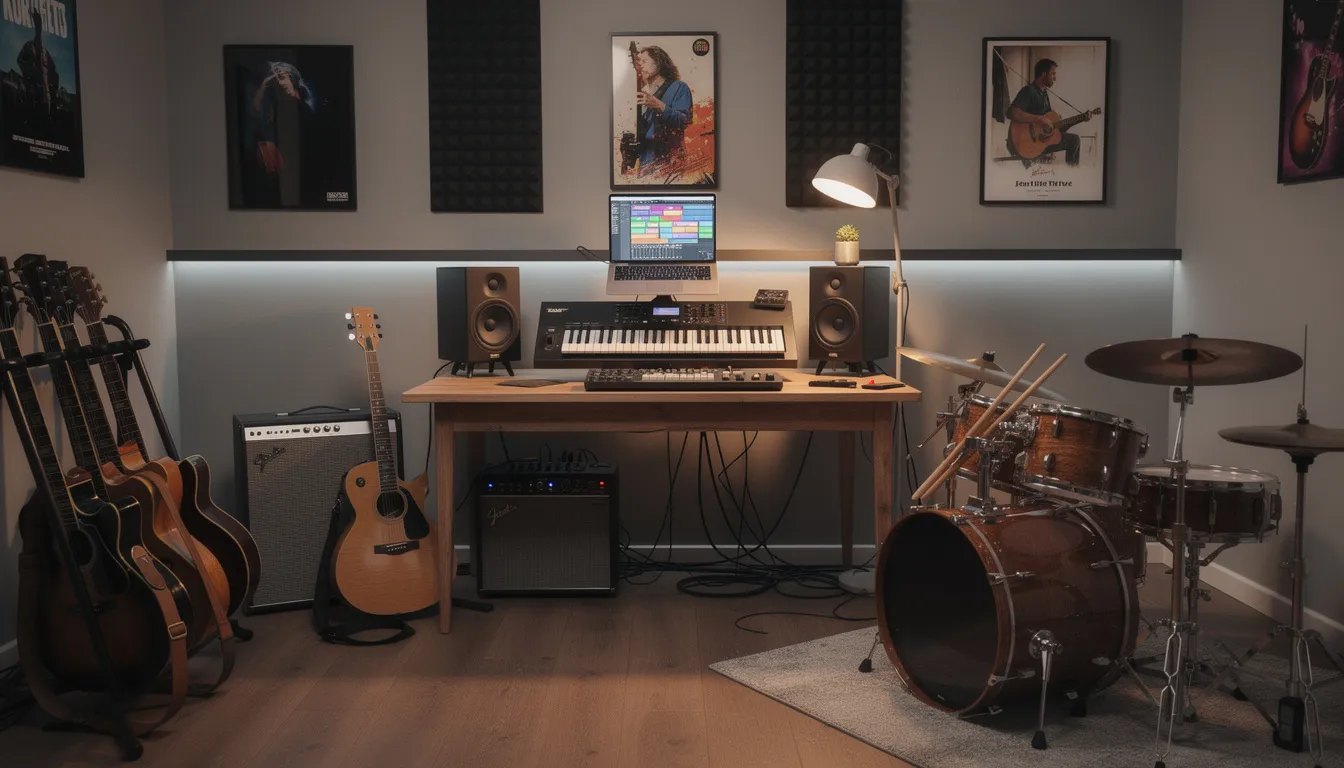 The image depicts a home music studio filled with various musical instruments, including guitars, drums, and keyboards, showcasing a creative space for music production. This setup represents high value items in a household, ideal for those interested in home insurance and inventory documentation.