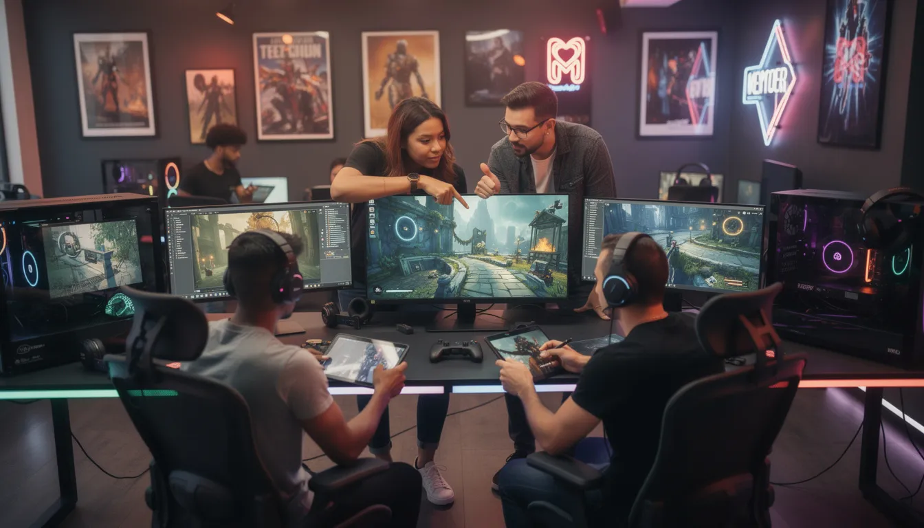 En kreativ grupp arbetar tillsammans i en modern spelstudio, omgiven av flera skärmar och färgglada dekorationer. Teamet fokuserar på spelutveckling och samarbetar för att skapa innovativa spelupplevelser.