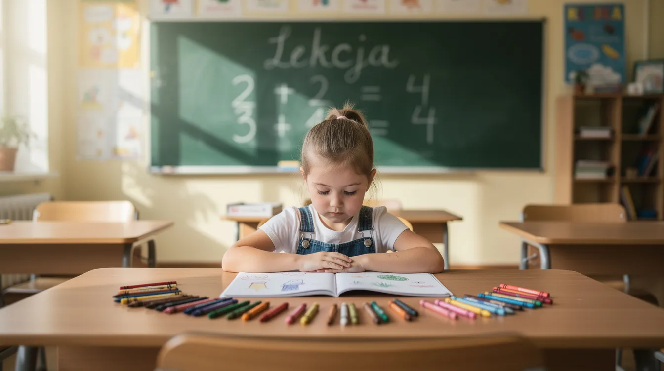Na obrazku widać dziecko siedzące przy ławce w klasie szkolnej, otoczone zeszytami i kolorowymi kredkami, z tablicą w tle. Uczeń klasy pierwszej skupia się na swoich zadaniach, co może świadczyć o jego rozwoju i osiągnięciach w edukacji wczesnoszkolnej.