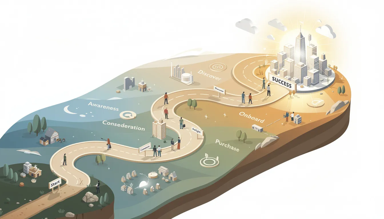 Customer Support vs Customer Experience: How Growing Teams Should Think About Both 1 The image depicts a winding path through a vibrant landscape, symbolizing the entire customer journey from initial awareness to final destination, highlighting the importance of customer experience and satisfaction throughout the process. This visual representation emphasizes the various stages where effective customer service and customer feedback play crucial roles in fostering customer loyalty and retention.