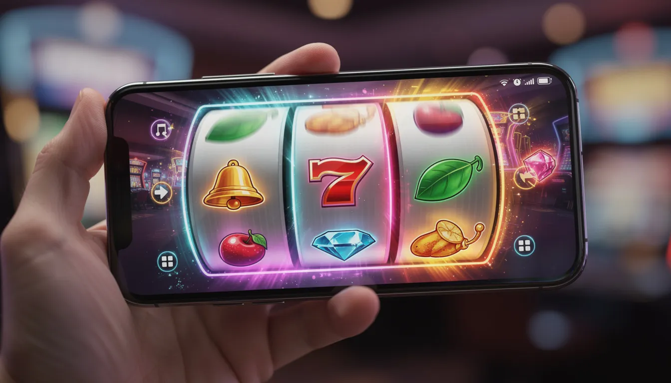 Smartphone screen showing colorful spinning reels of an online slot game for real money.