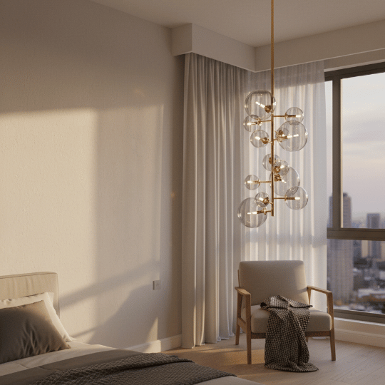 Glass globe cluster pendant light hanging in a bedroom seating area by 7pandas.