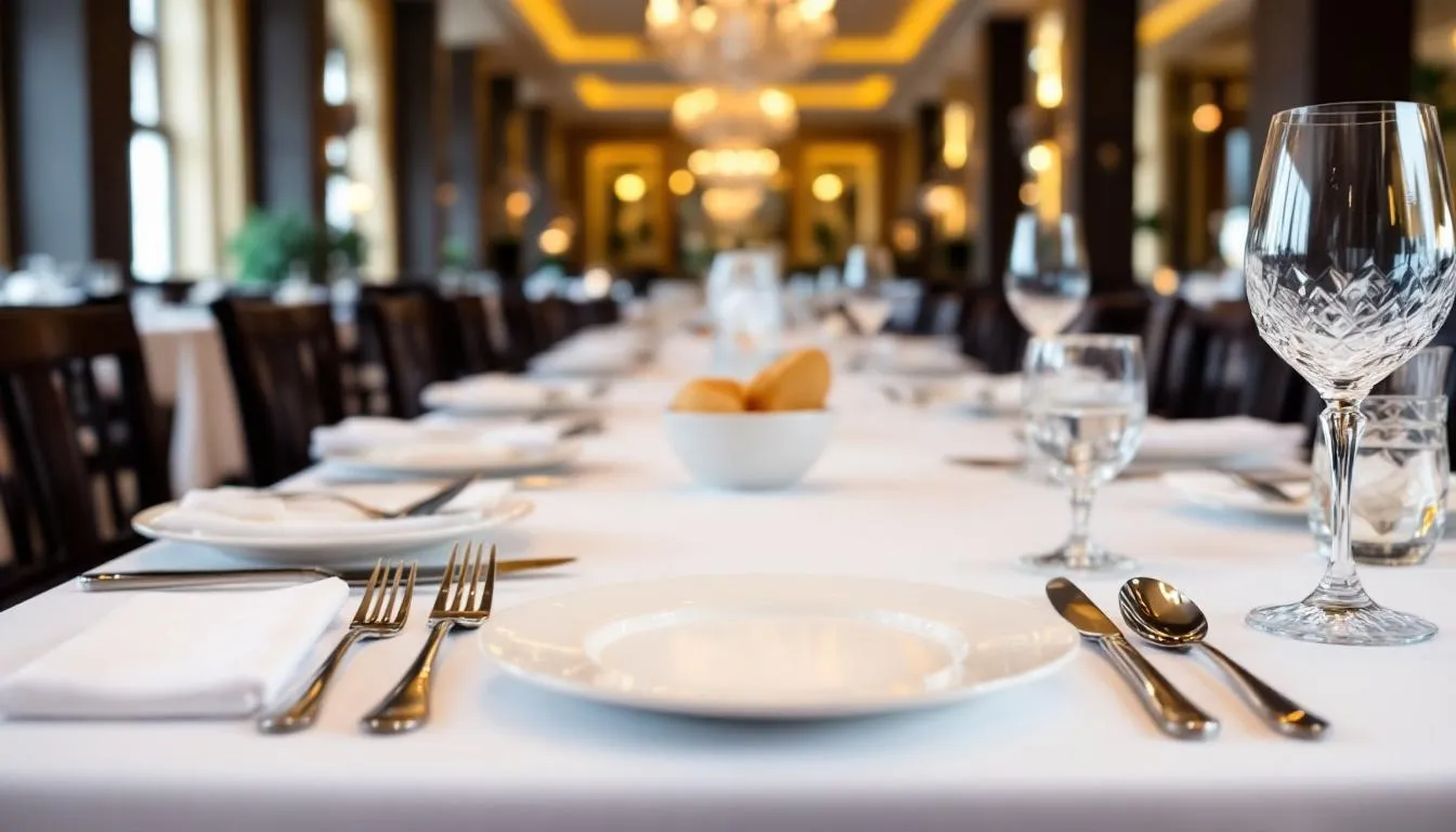 In this image, a luxurious restaurant showcases a perfectly arranged table setup before business hours, featuring elegantly folded table linens, fine china, and polished silverware, embodying the essence of outstanding table service. The long shot captures the entire dining area, hinting at an exceptional dining experience awaiting guests with various styles of table service, from formal dining to family-style service.