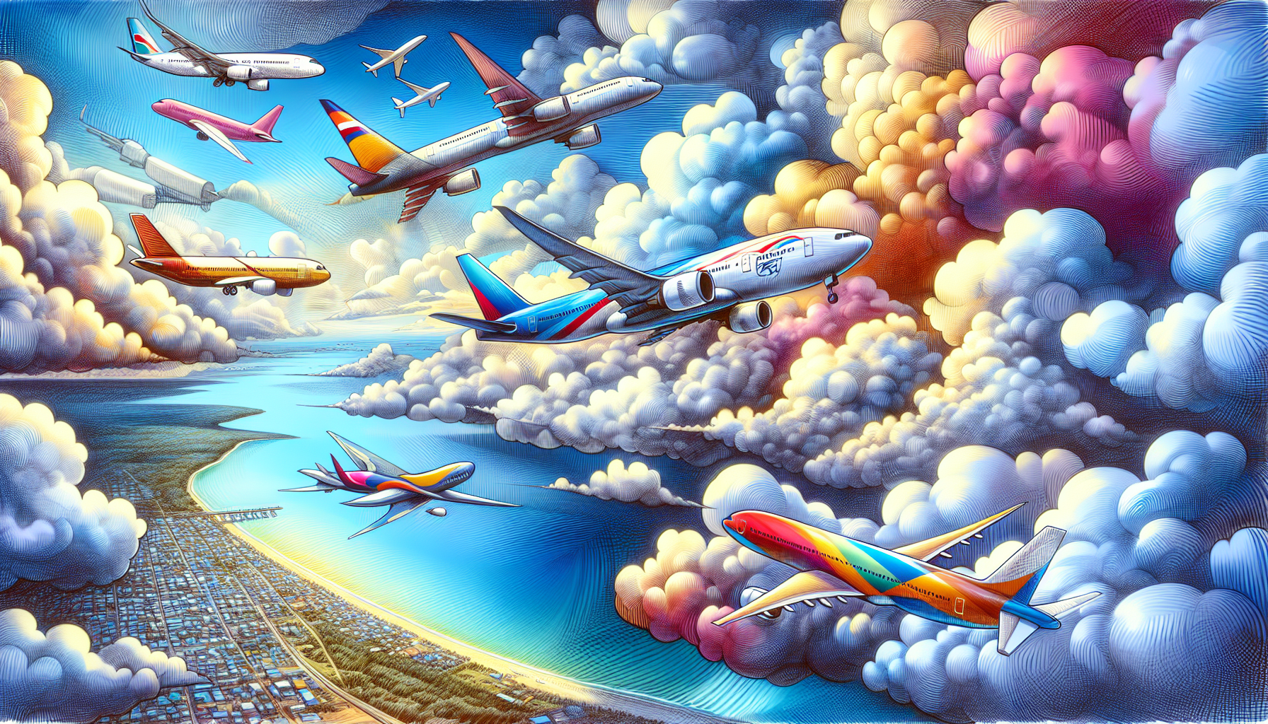 A colorful illustration of popular airlines flying from SFO to LAX.