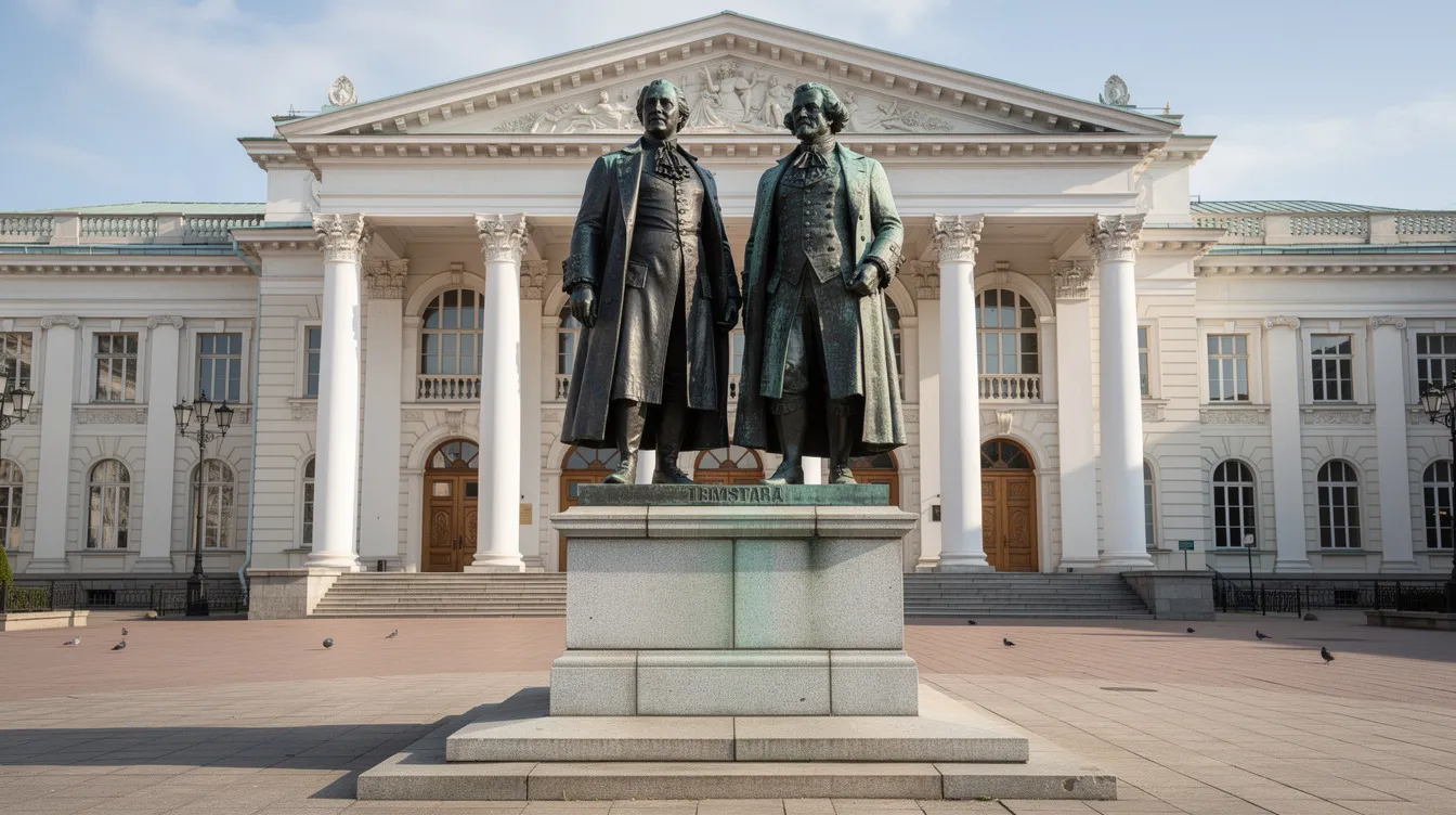 Die Abbildung zeigt zwei bronzene Statuen von Johann Wolfgang von Goethe und Friedrich Schiller, die Seite an Seite auf einem Sockel stehen, vor einem eindrucksvollen klassizistischen Theater. Diese Skulpturen symbolisieren die harmonische Zusammenarbeit der beiden bedeutenden Dichter der Weimarer Klassik und deren Einfluss auf die deutsche Literaturgeschichte.