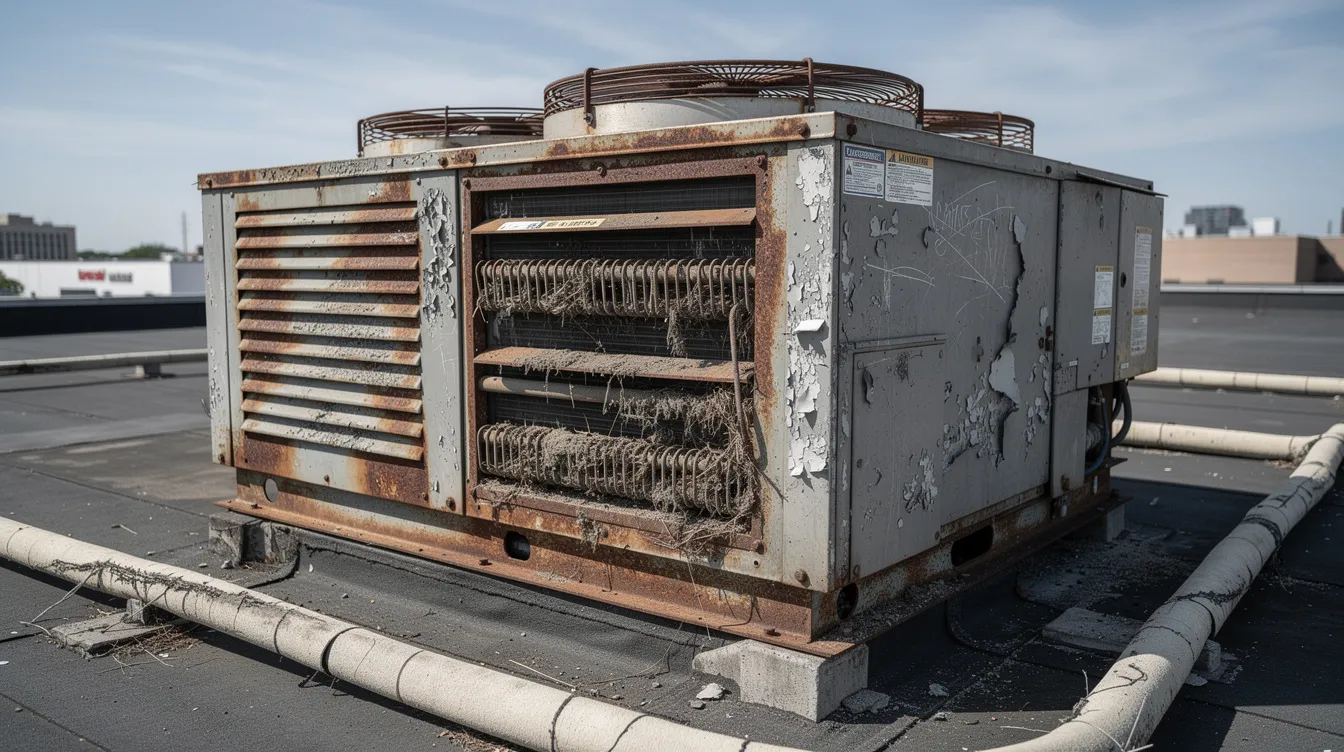 The image shows a close-up view of a weathered commercial rooftop HVAC unit, highlighting visible signs of rust and wear, which may indicate the need for repair services or rooftop unit replacement. This deteriorating condition can affect the energy efficiency and cooling performance of the commercial HVAC system.