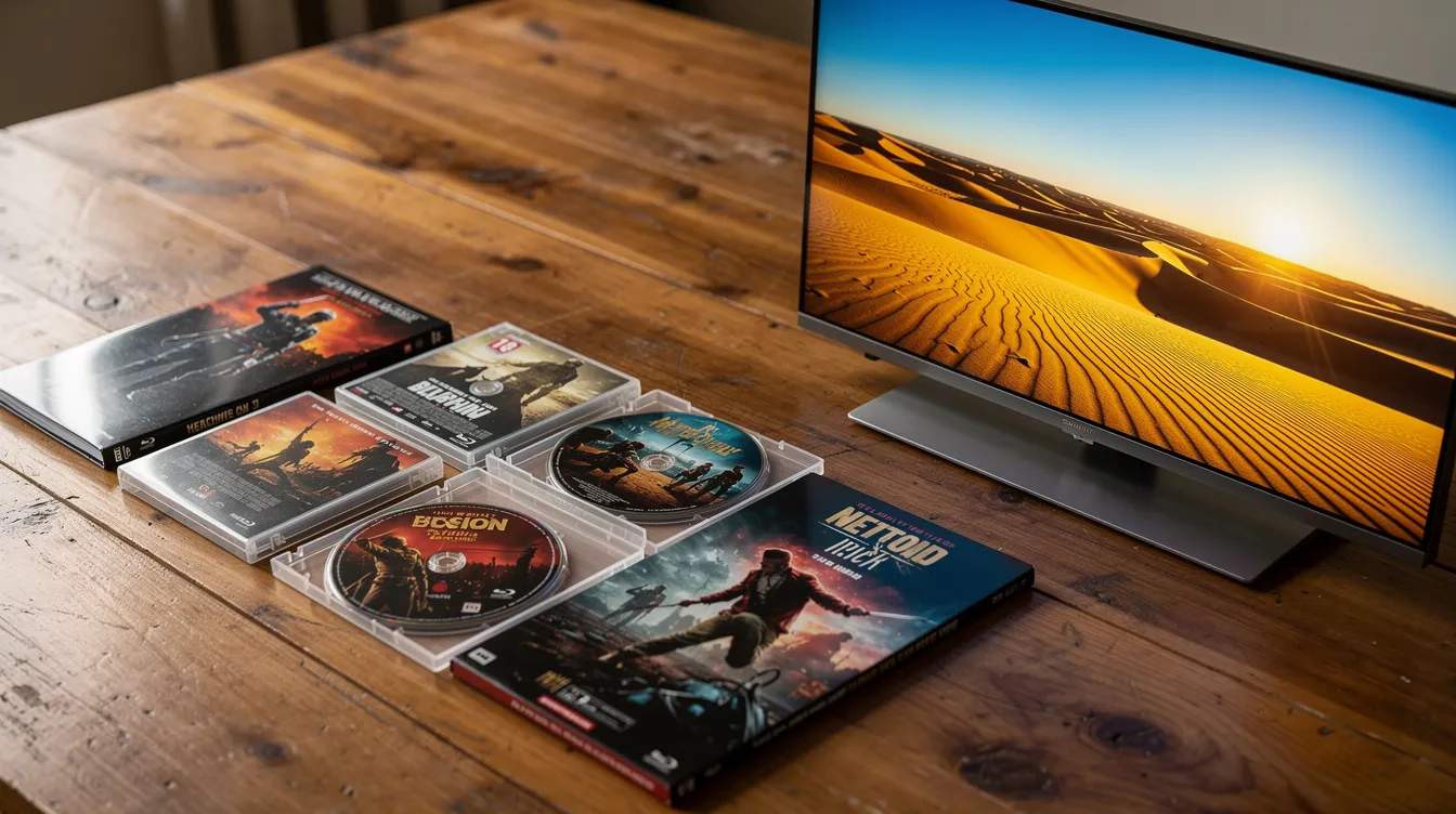 Auf einem Holztisch liegen mehrere Disc-Hüllen und Verpackungen des Films "Oppenheimer", darunter auch die DVD-Version. Neben den Hüllen ist ein Fernseher zu sehen, der eine Wüstenszene zeigt, die an die Kulisse des Manhattan-Projekts erinnert, in dem Robert Oppenheimer, gespielt von Cillian Murphy, eine zentrale Rolle spielt.