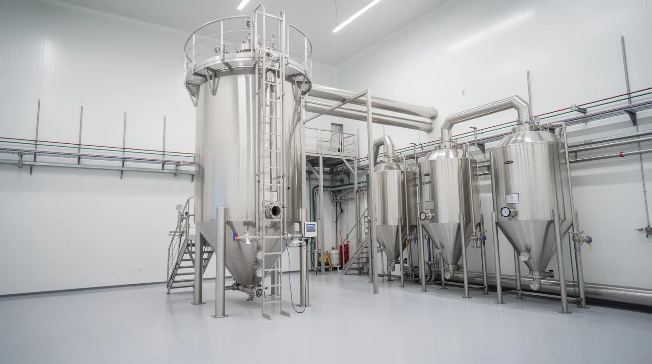 The image depicts a large industrial spray dryer tower, integral to a whey processing plant, featuring connected cyclone separators and extensive piping, all designed for the efficient production of whey protein concentrate and other whey products. This machinery plays a crucial role in the manufacturing process of high-quality protein powders used in dietary supplements and functional foods.