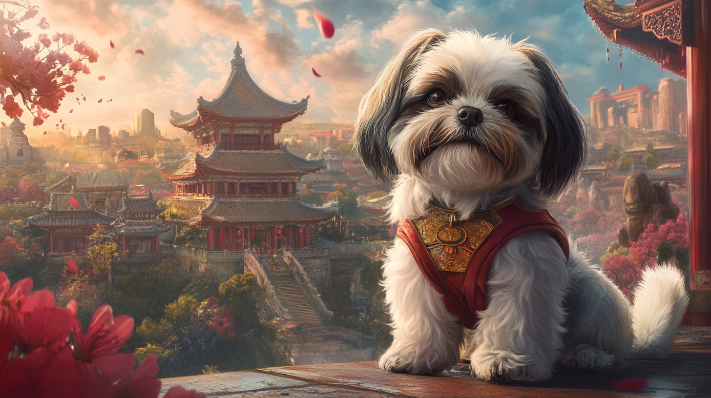 A Shih Tzu with an image of Imperial China in the background
