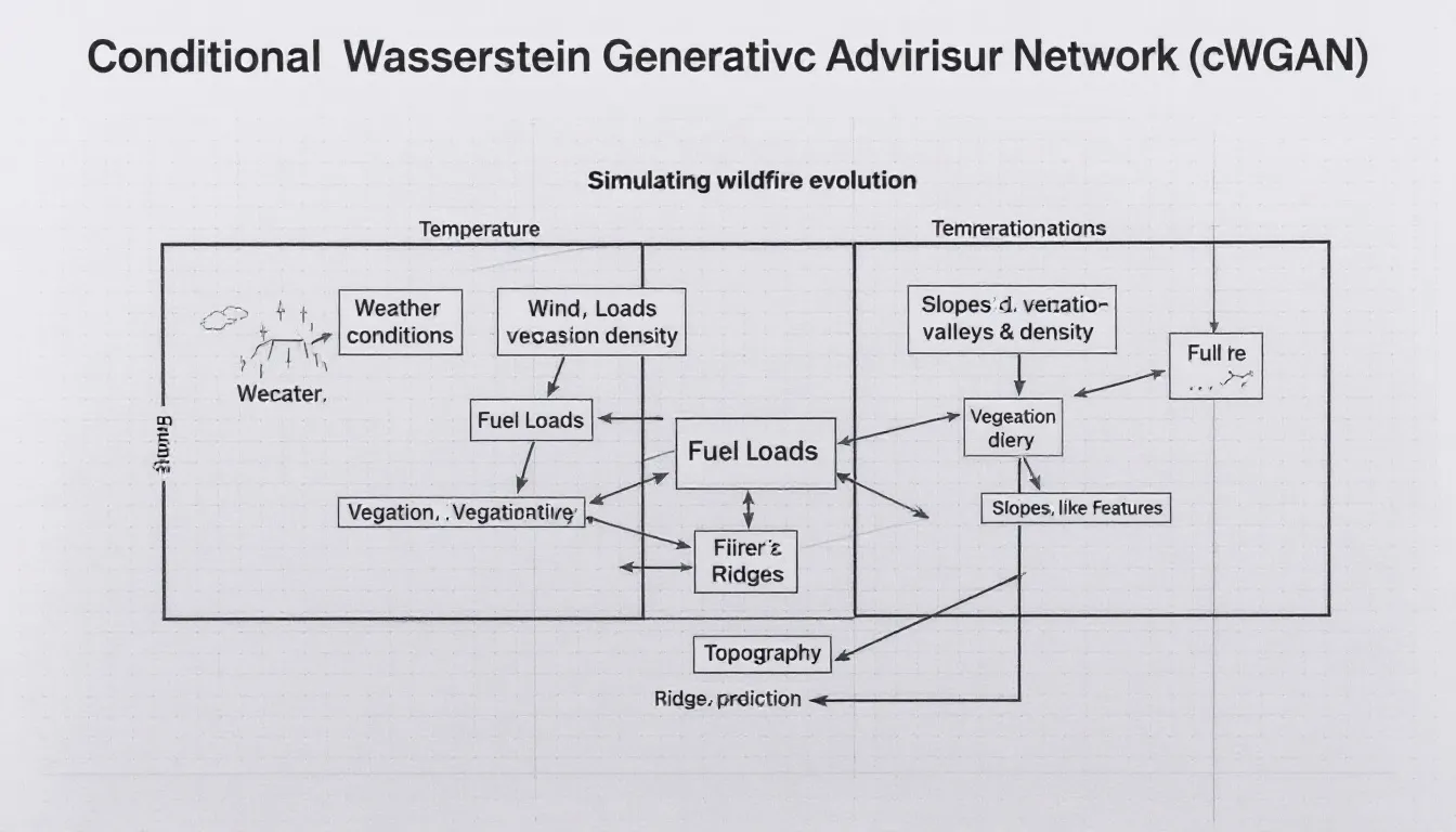 The image illustrates the components of Conditional Wasserstein Generative Adversarial Networks (cWGANs), highlighting their role in predicting wildfire behavior by simulating factors like weather conditions, fuel loads, and topography. This AI-powered model leverages historical wildfire data to accurately predict wildfire spread and assist in wildfire management during increasingly severe wildfire seasons.